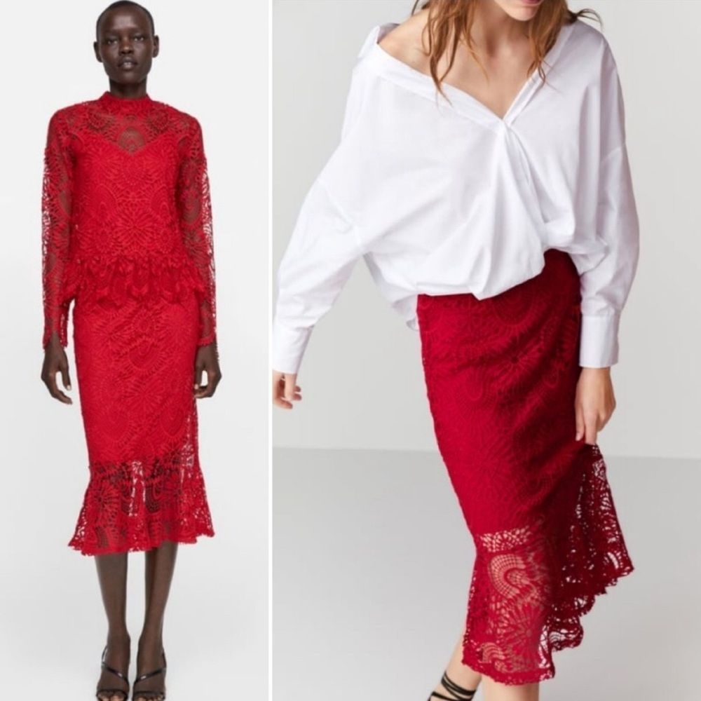 Zara Red Lace Trumpet Midi Skirt Size Medium - Picture 4 of 10